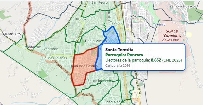 Vista del mapa ciudadano de Loja con un punto marcado y la ficha del barrio seleccionado